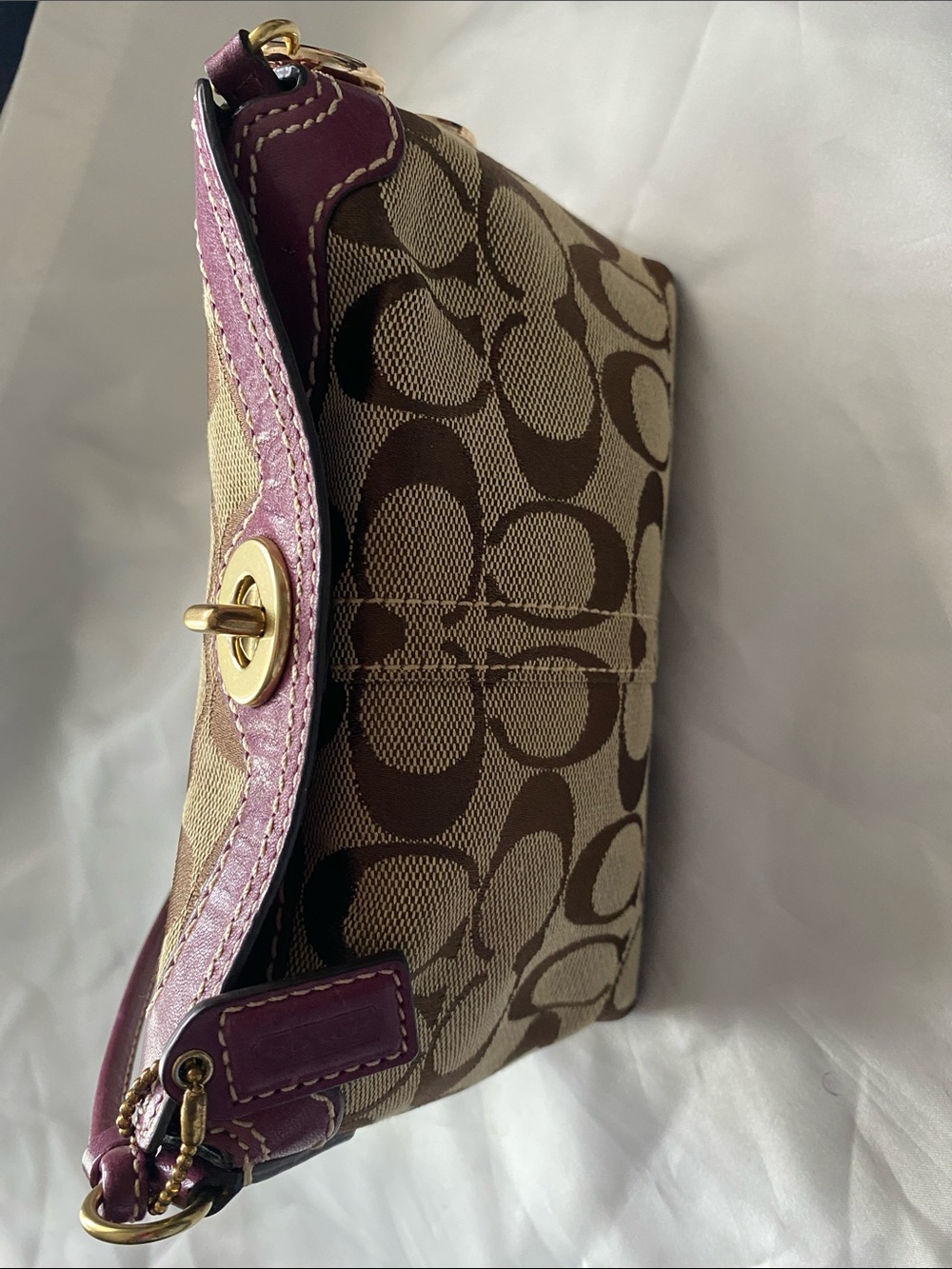 Coach Brown Signature Turnlock Wristlet w/Purple Trim and Gold Hardware